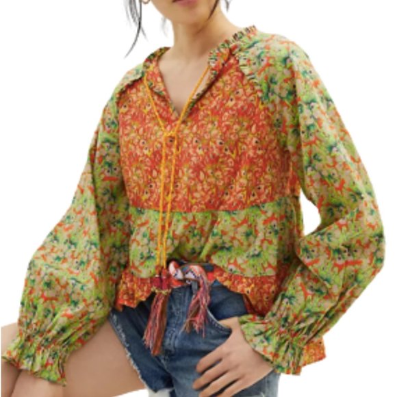 Roopa Pemmaraju Vivi Floral Patchwork Peplum Peasant Blouse Anthropologie Medium - Picture 3 of 15
